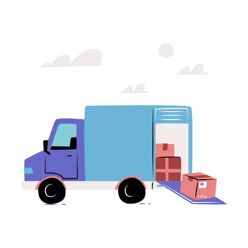 Blue delivery truck with open back door and boxes inside